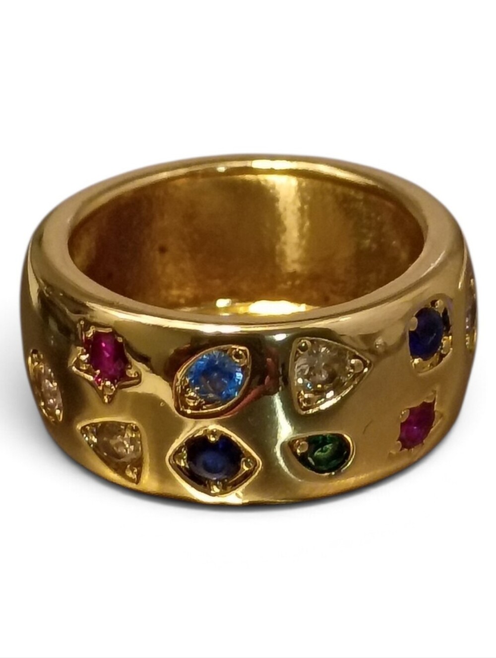 Multi Gemstone Wide Dome Ring Gold Tone Cigar Band Fits Size 5.5 (Measures 6.25)